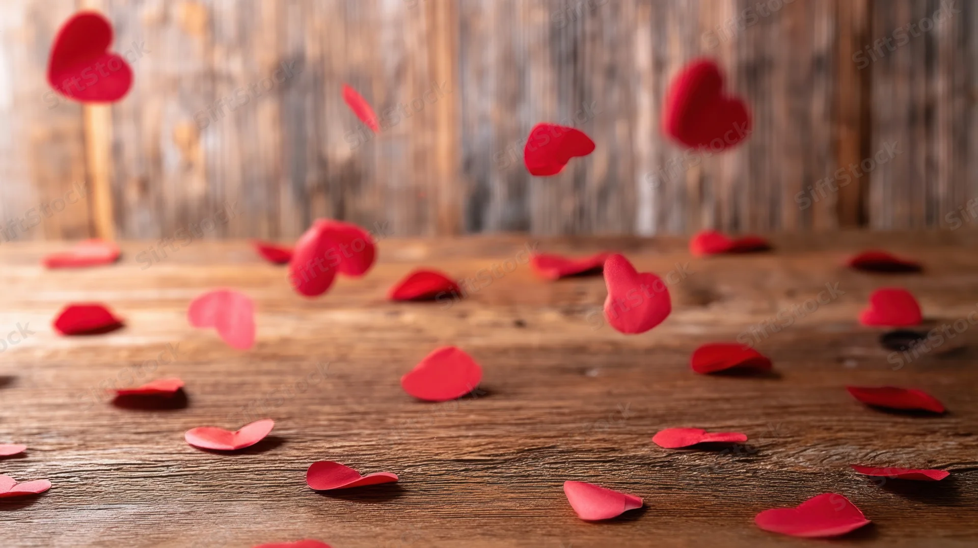Red heart-shaped confetti falling and scattered on a rustic wooden table surface