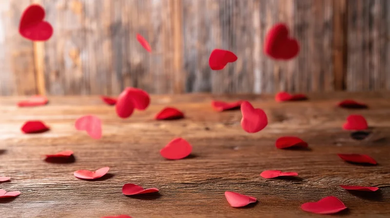 Red heart-shaped confetti falling and scattered on a rustic wooden table surface