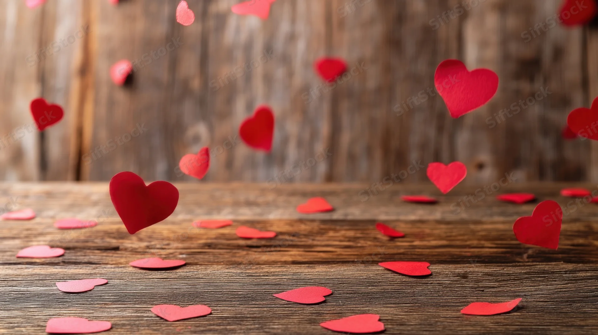 Red paper hearts falling and scattered on a wooden table surface