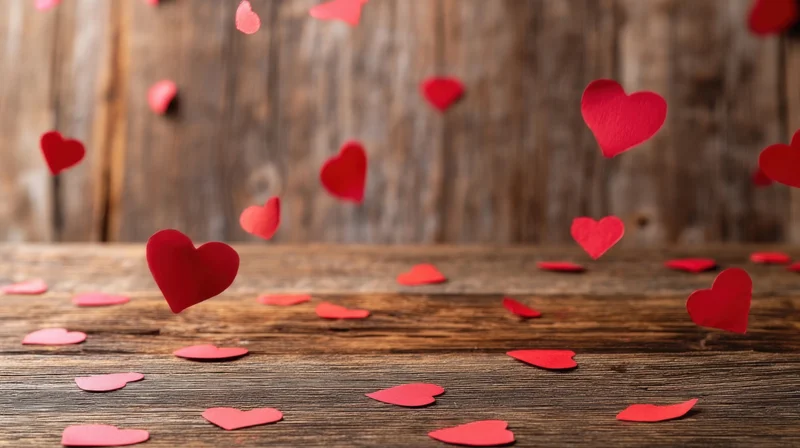 Red paper hearts falling and scattered on a wooden table surface
