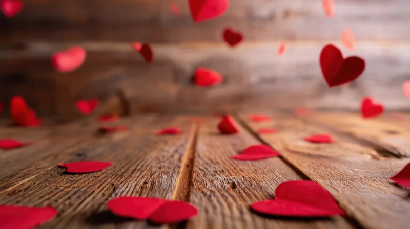 Red paper hearts falling and scattered on a wooden surface