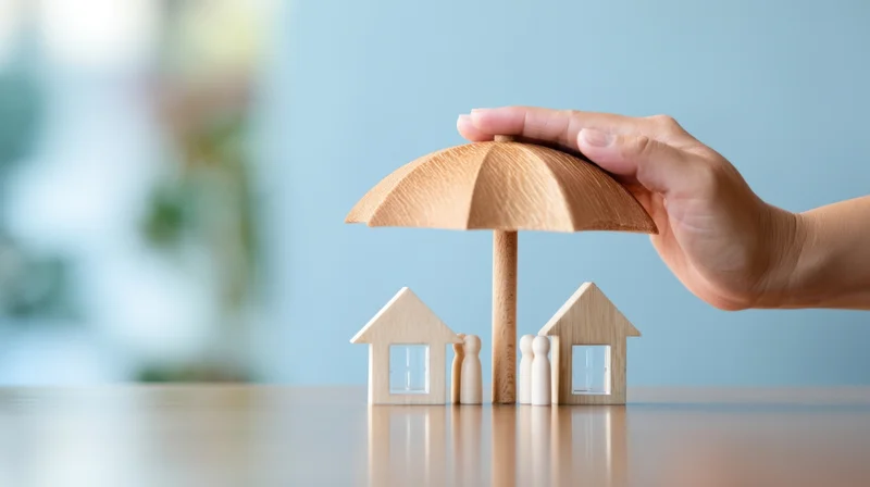 Hand holding wooden umbrella over miniature houses and family figurines on a desk