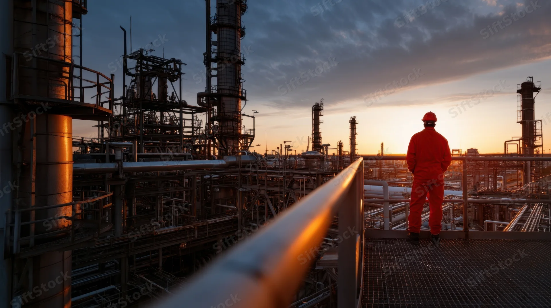 Worker in orange uniform and helmet standing on platform overlooking refinery at sunset