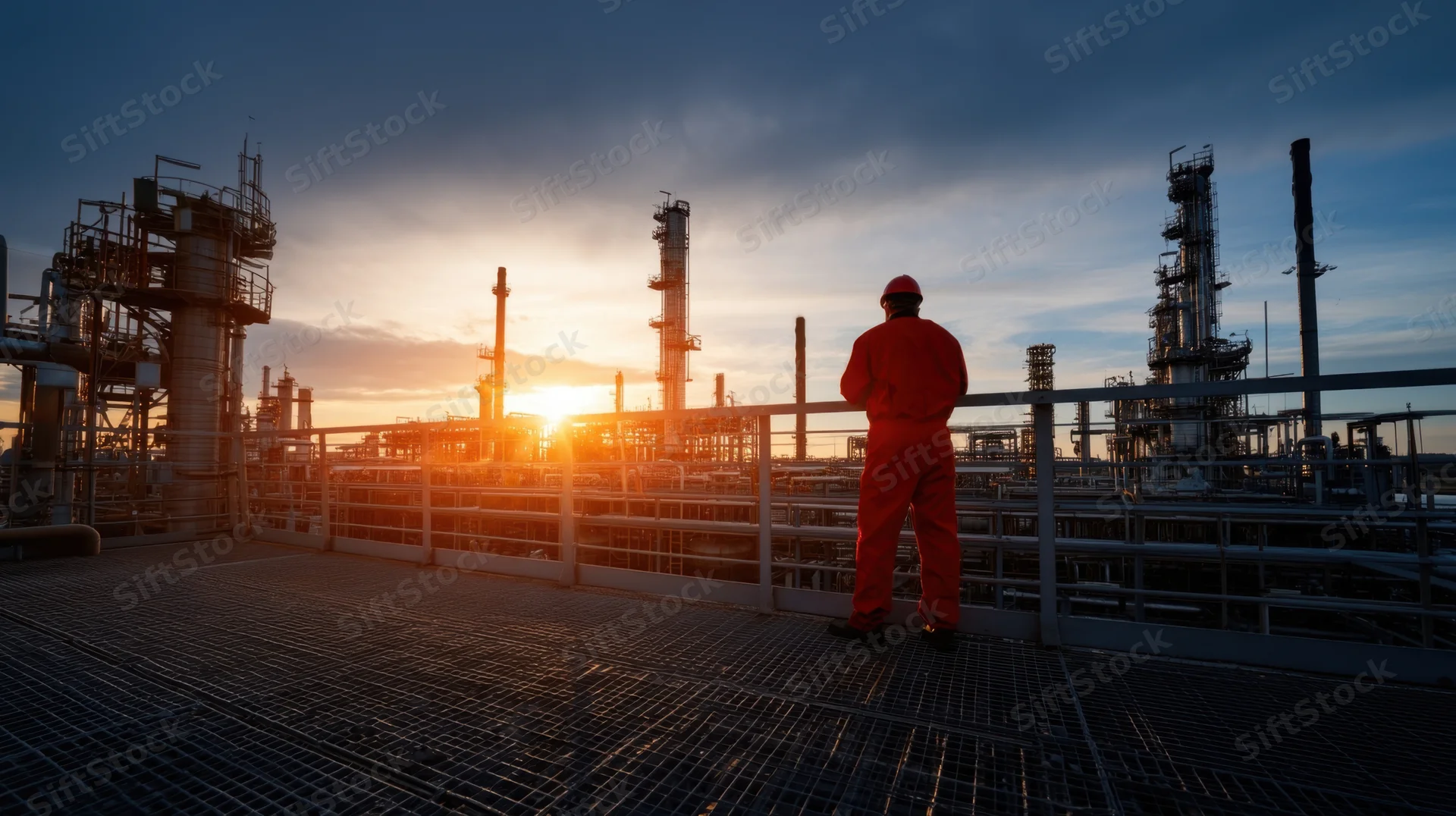 Worker in orange jumpsuit and helmet standing on metal platform overlooking refinery at sunset