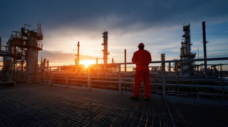 Worker in orange jumpsuit and helmet standing on metal platform overlooking refinery at sunset