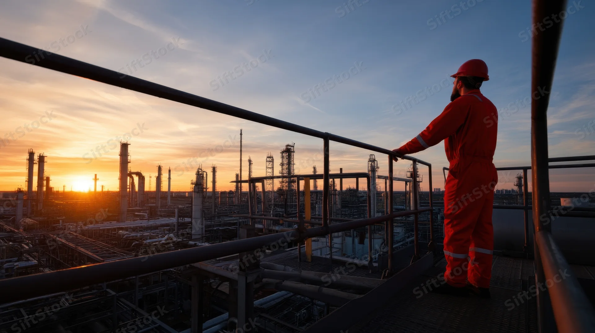 Worker in orange uniform leaning on railing overlooking refinery at sunset