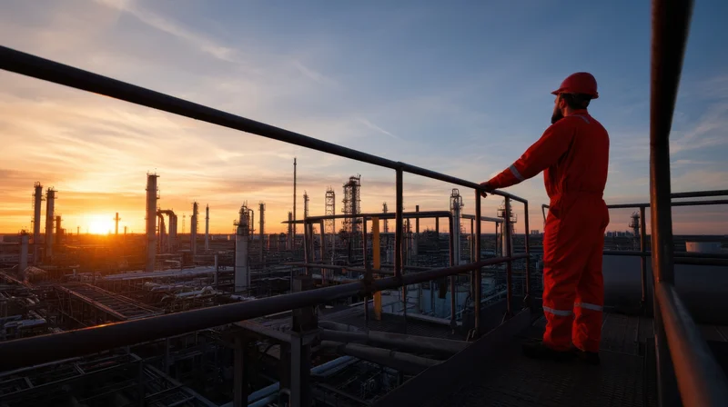 Worker in orange uniform leaning on railing overlooking refinery at sunset