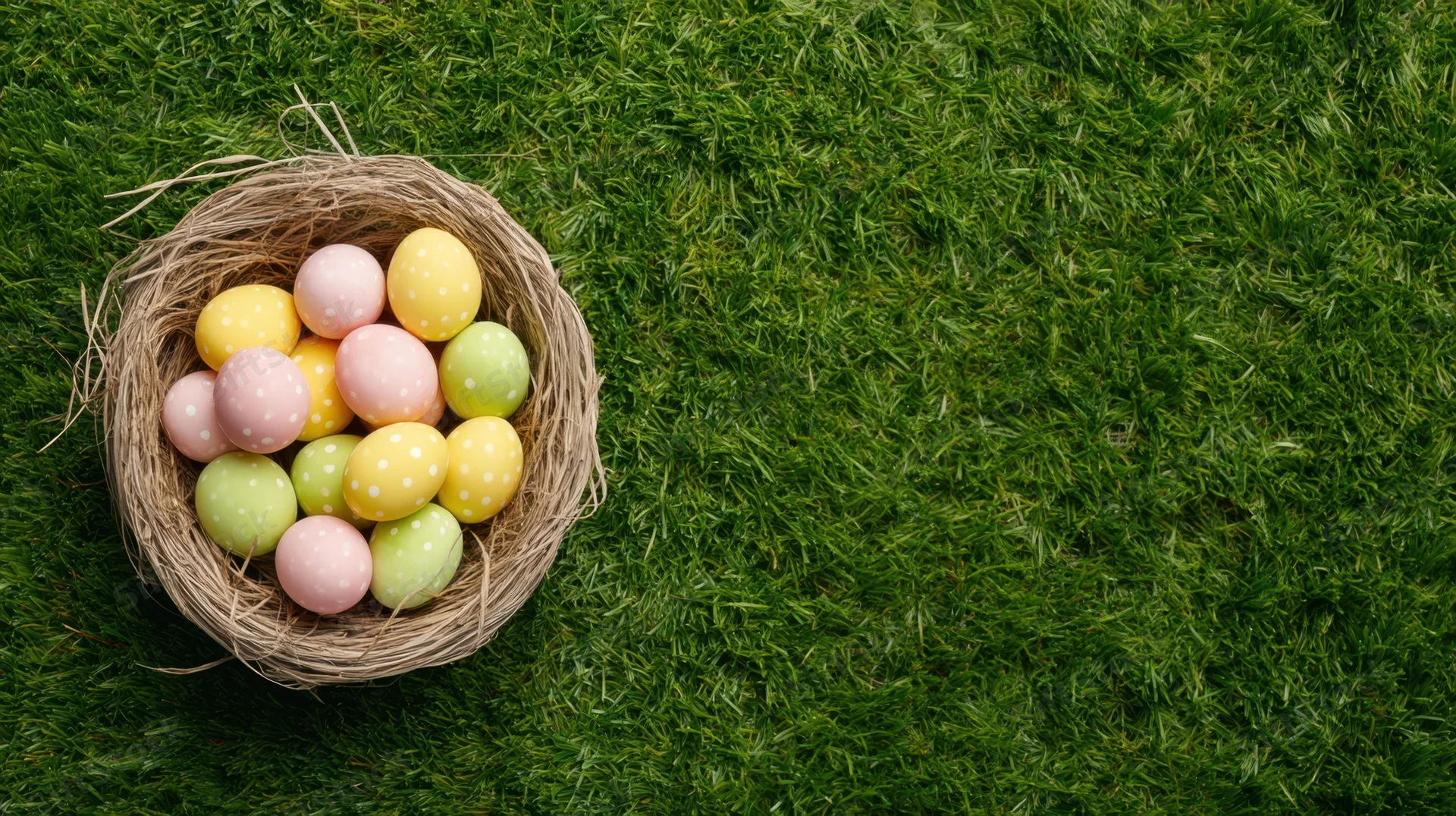 Pastel polka-dotted easter eggs in a woven nest on green grass