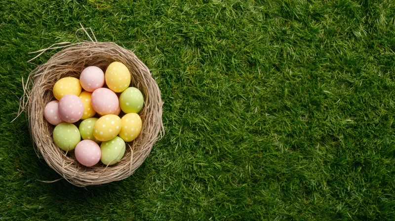 Pastel polka-dotted easter eggs in a woven nest on green grass