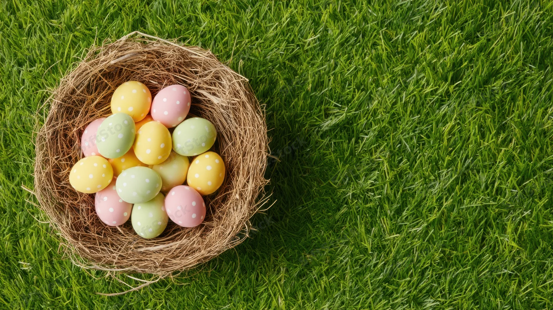 Pastel polka-dotted easter eggs in a woven straw nest on green grass