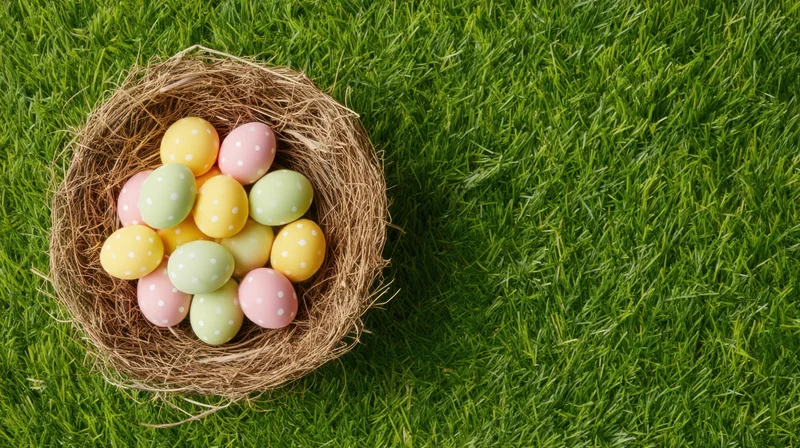 Pastel polka-dotted easter eggs in a woven straw nest on green grass