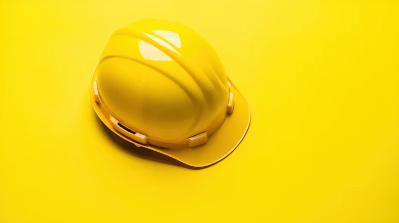 Yellow hardhat resting on a matching yellow surface with copy space to the right