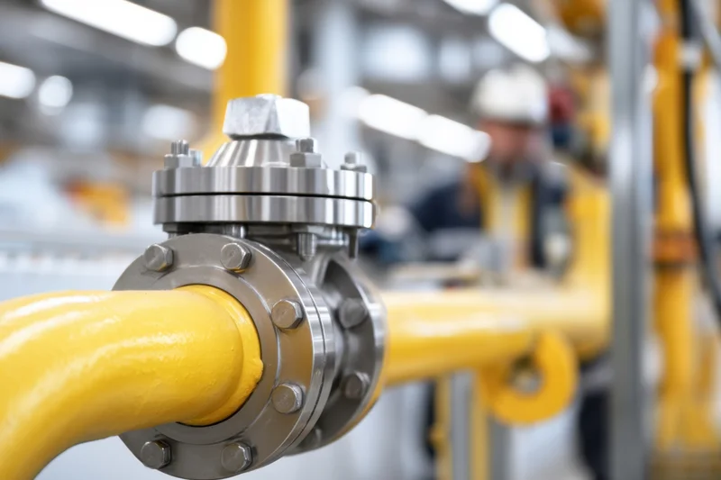 Close-up of a yellow pipeline with a metal valve and flange in an industrial facility, with a worker in the background wearing a helmet