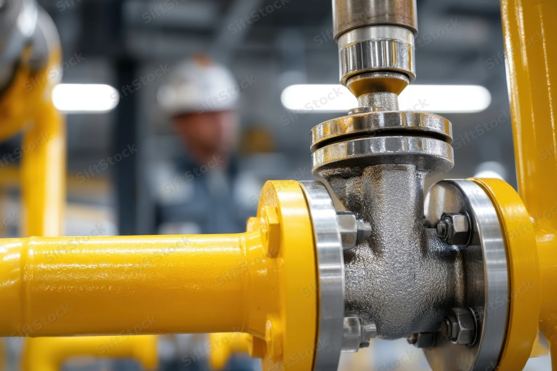 Close-up of a yellow industrial pipeline valve with a worker in the background at a factory facility