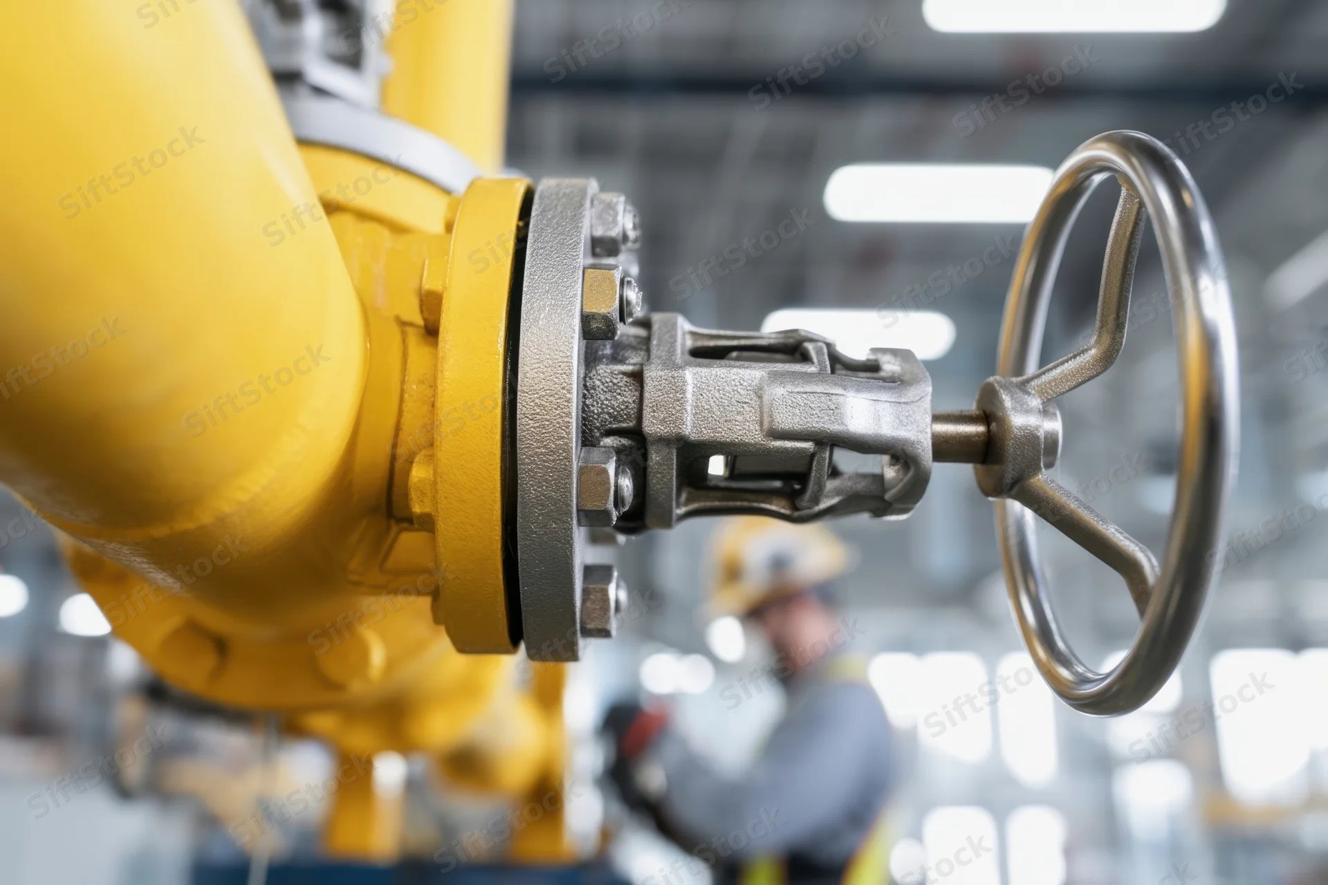Close-up of a yellow pipeline valve with a metal wheel in an industrial factory setting, with a worker in the background wearing a safety helmet