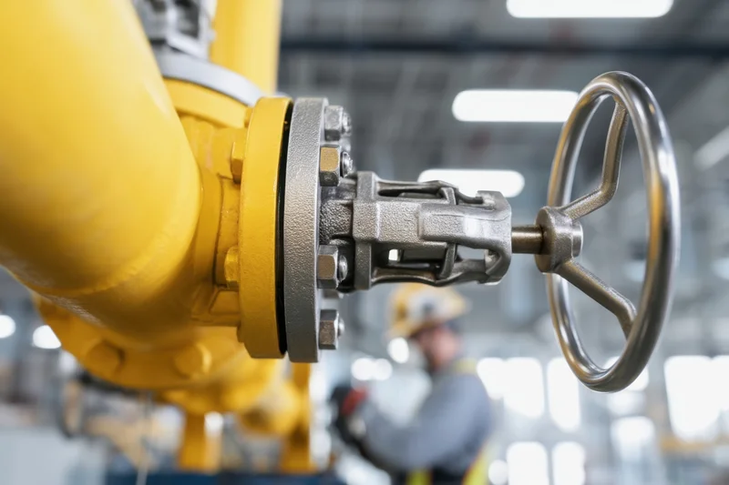 Close-up of a yellow pipeline valve with a metal wheel in an industrial factory setting, with a worker in the background wearing a safety helmet