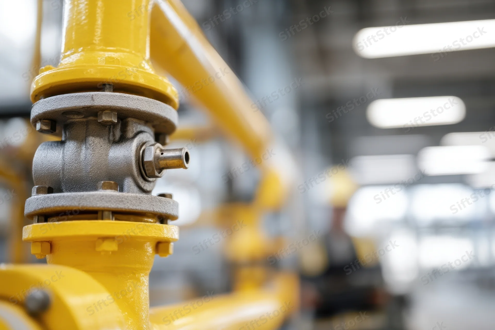 Close-up of yellow industrial pipeline with valve and flange in factory interior