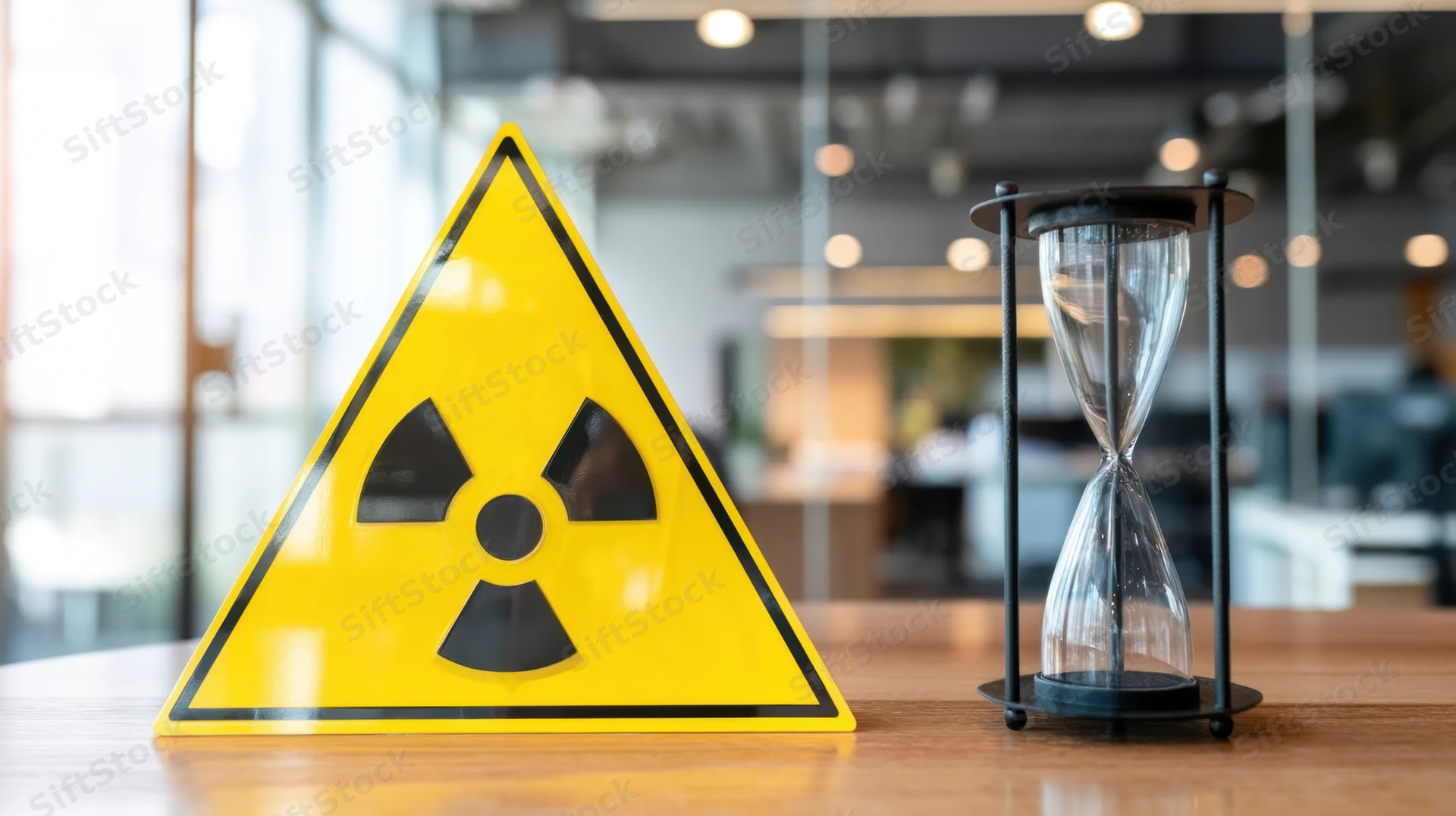 Yellow radiation warning sign and hourglass on wooden desk in modern office interior