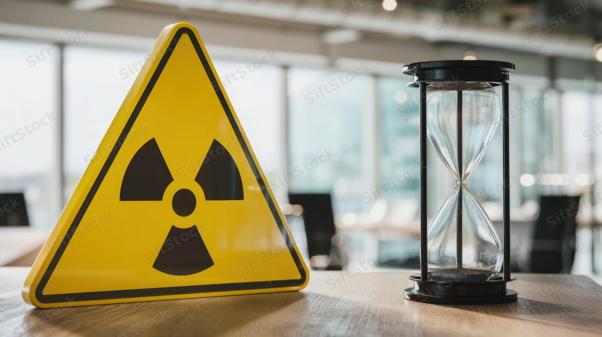 Yellow radiation warning sign and hourglass on wooden desk in modern office