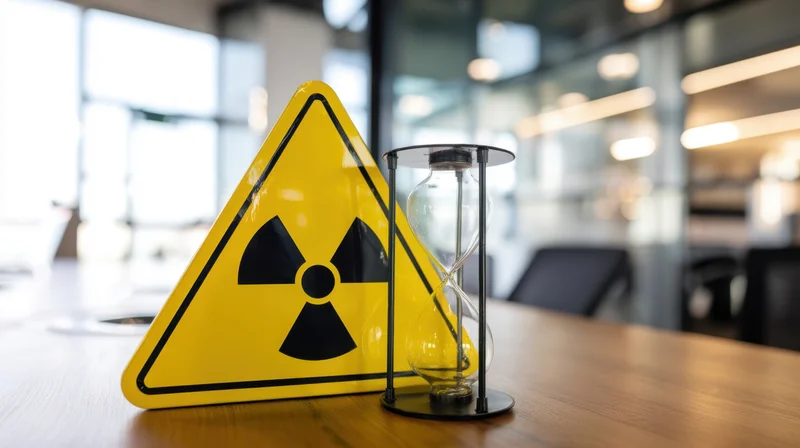 Yellow triangular radiation warning sign and hourglass on wooden desk in modern office