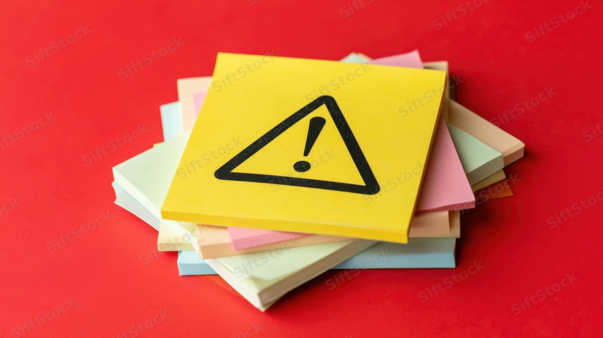 Stack of colorful sticky notes with yellow warning symbol on red background