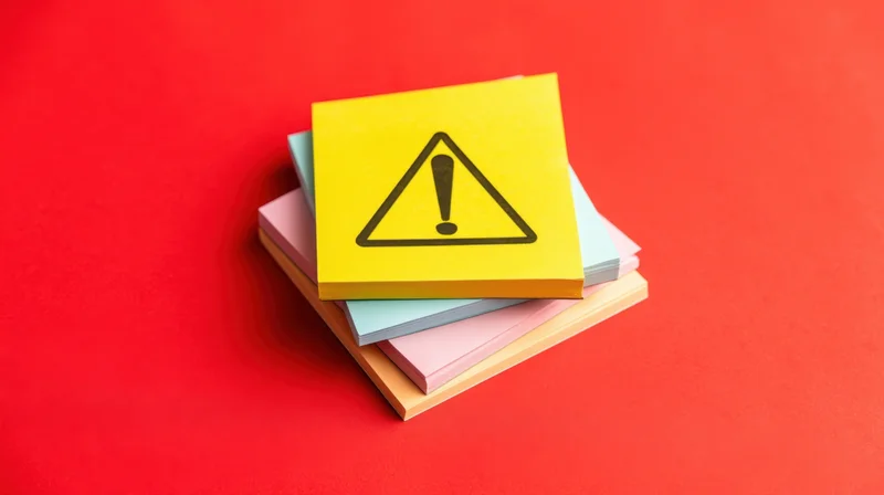 Stack of colorful sticky notes with warning symbol on red background