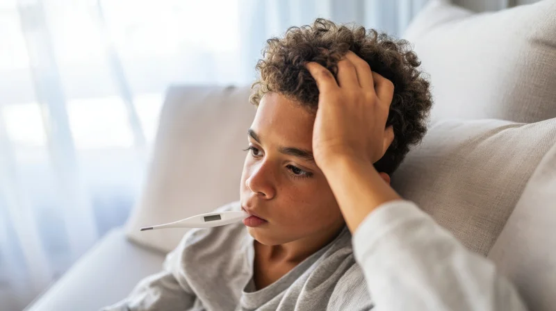 Young boy with thermometer in mouth resting on couch while hand touches his head
