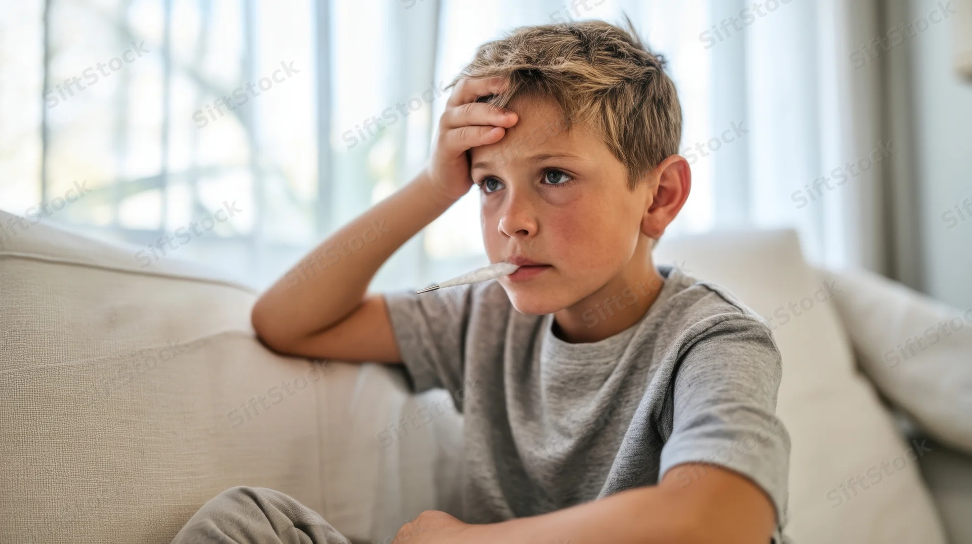 Young boy with thermometer in mouth resting on couch at home