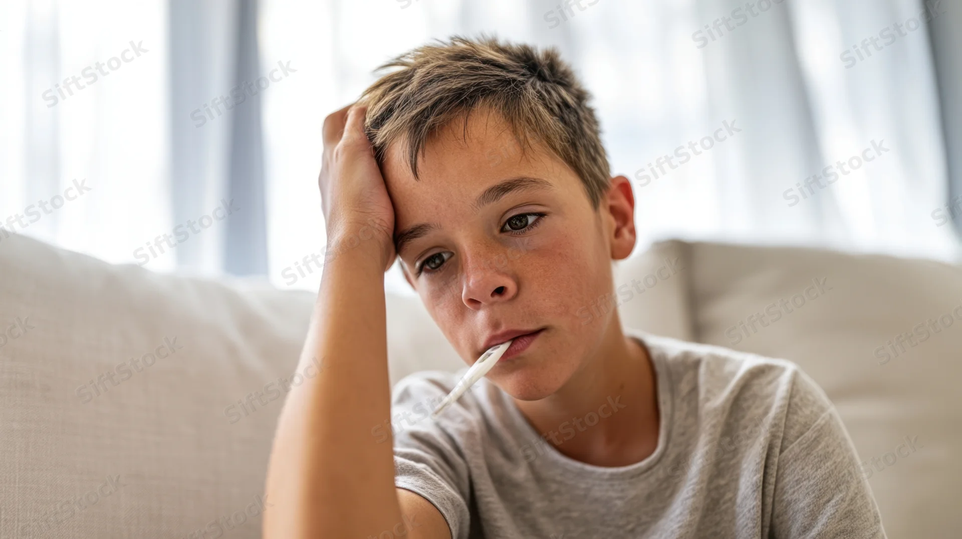 Young boy resting his head on his hand with a toothbrush in his mouth on a couch indoors