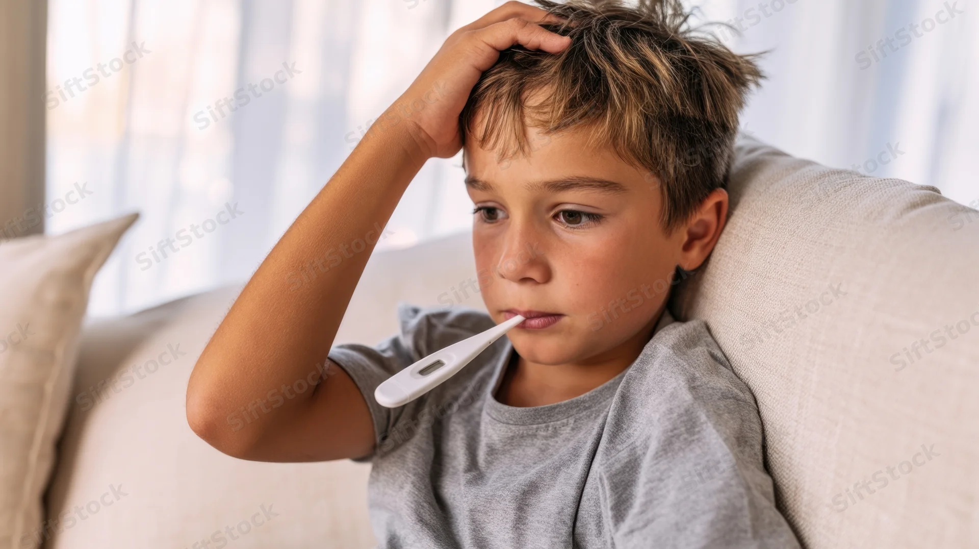 Young boy resting on a couch with a digital thermometer in his mouth, hand on his head