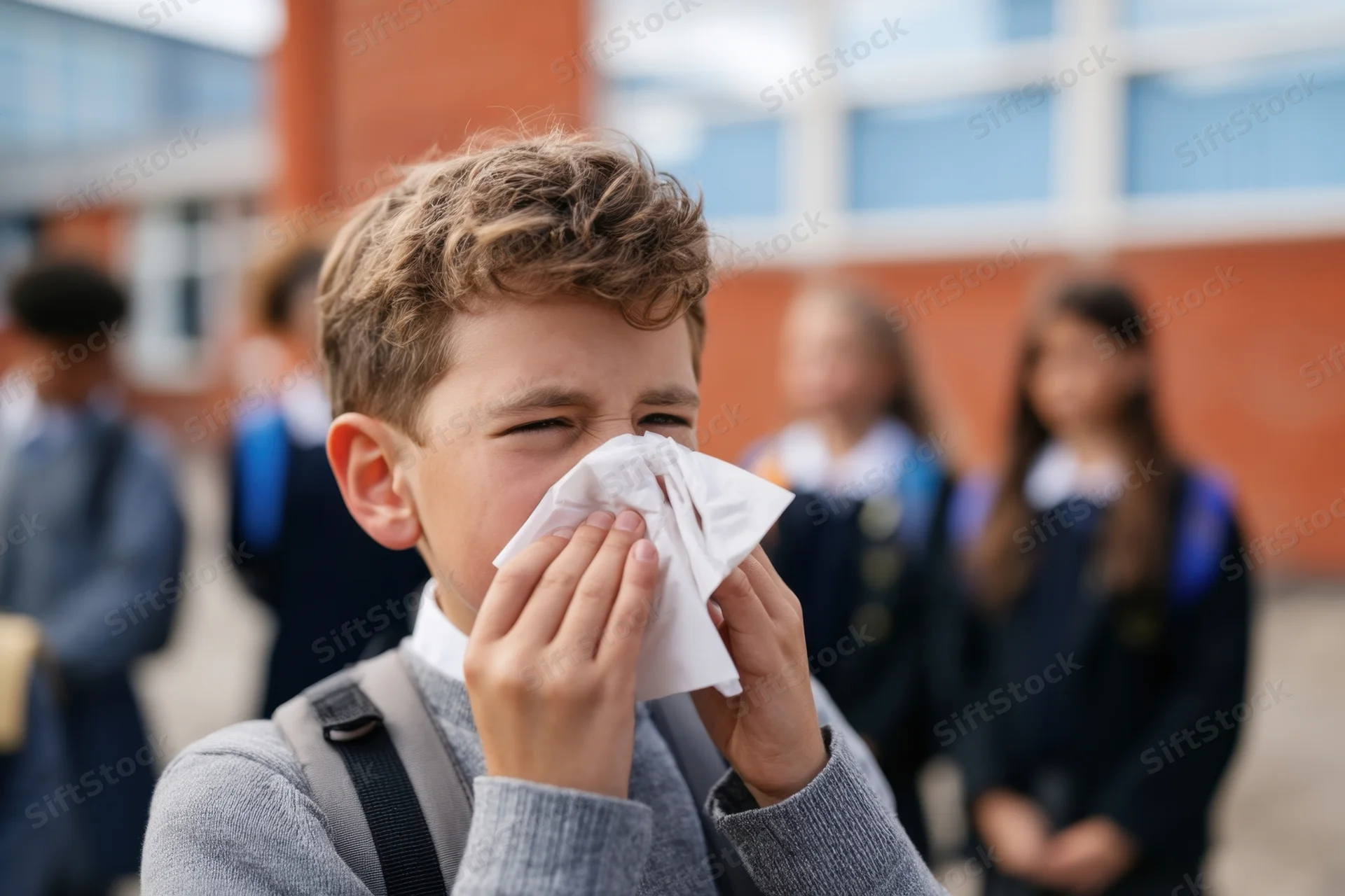 Young boy sneezing into tissue outside school building with peers in background