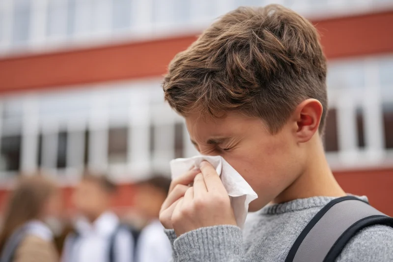 Young boy sneezing into tissue outside school building