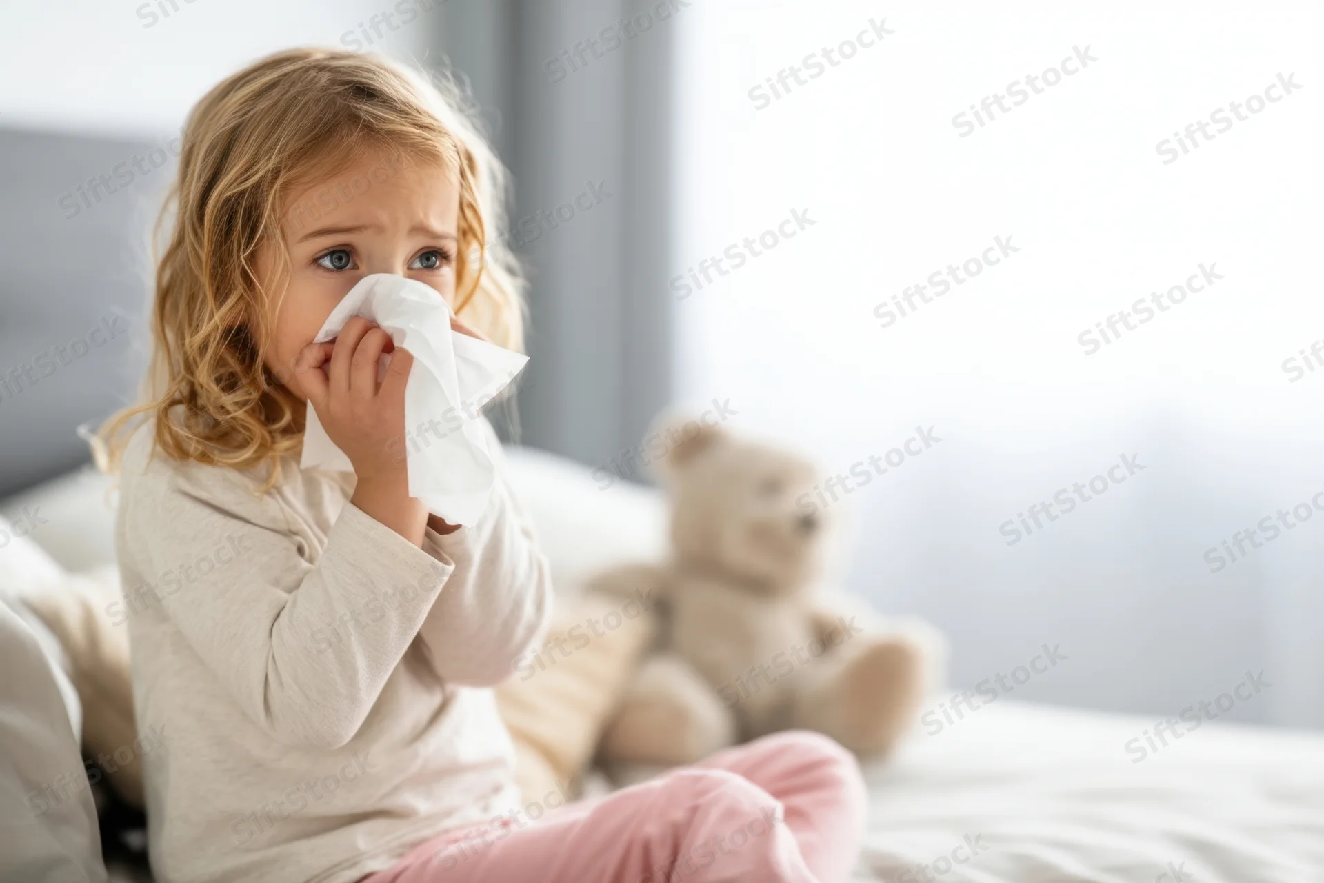 Young child blowing nose with tissue while sitting on bed beside teddy bear
