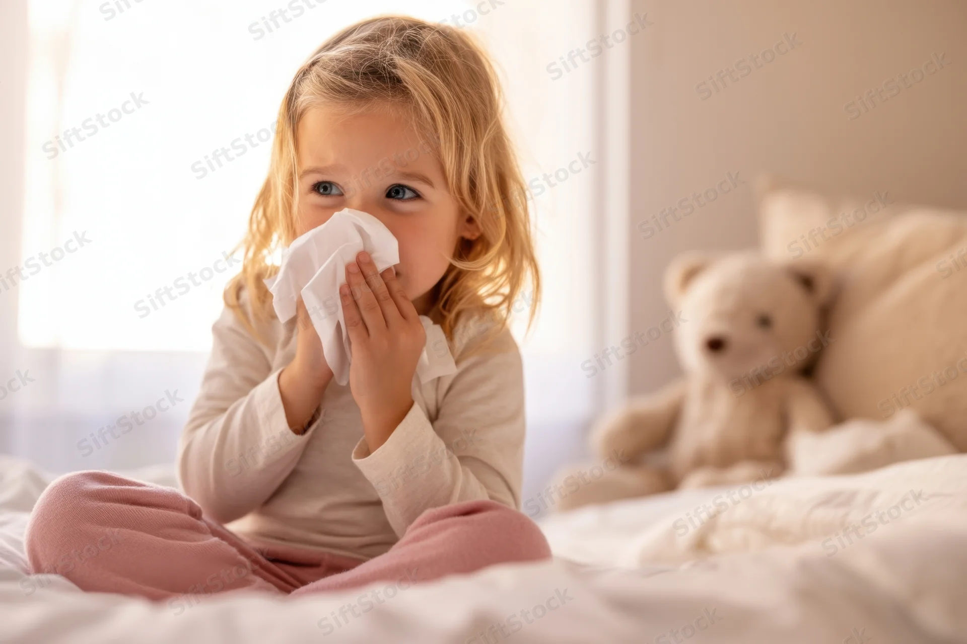 Young child blowing nose with tissue while sitting on bed beside teddy bear