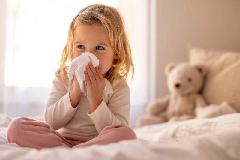 Young child blowing nose with tissue while sitting on bed beside teddy bear