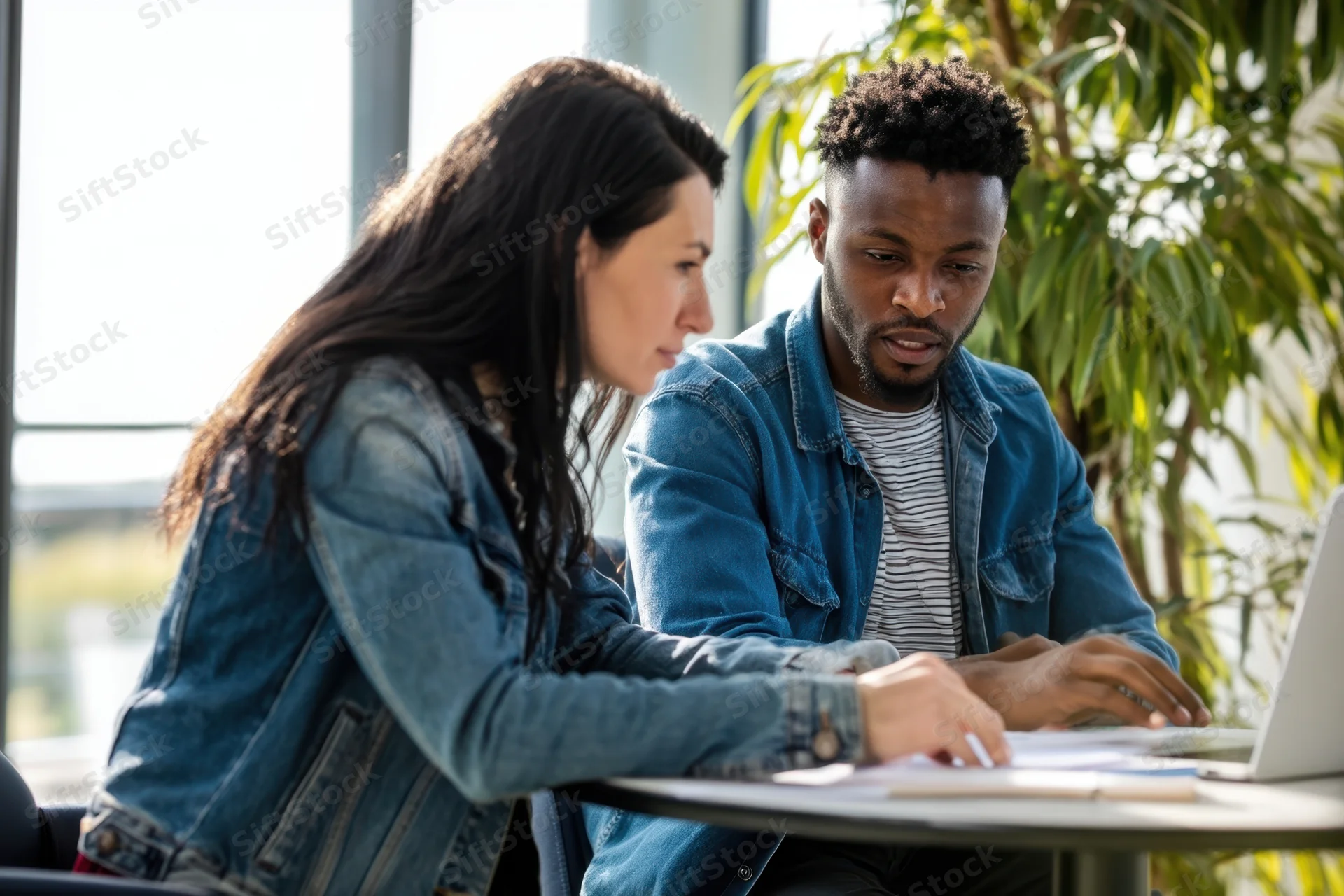 Young woman and man collaborating on laptop at office desk with documents and plant nearby