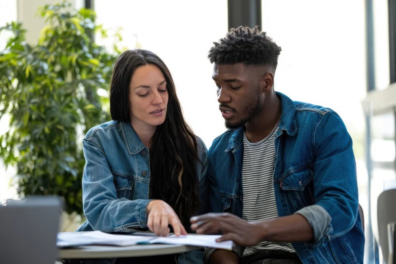 Young couple studying together at a desk in a bright indoor space with plants and a laptop nearby