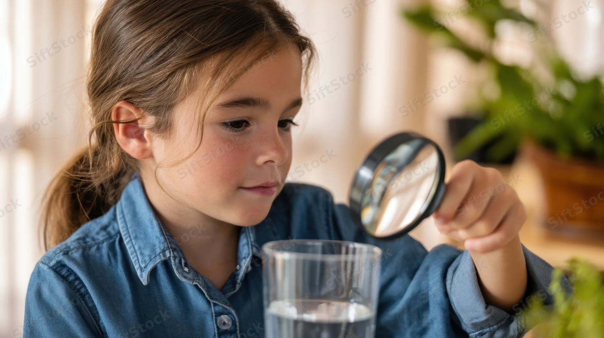Young girl using magnifying glass to examine water in glass at home table