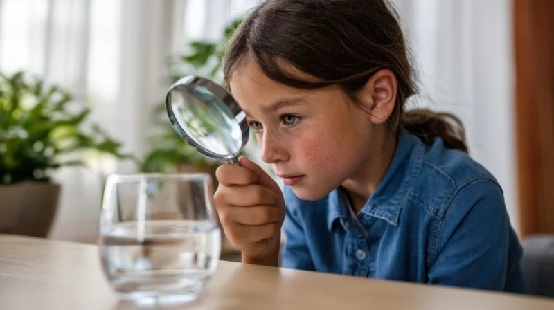 Young girl examining water in a glass with a magnifying glass at a wooden table indoors