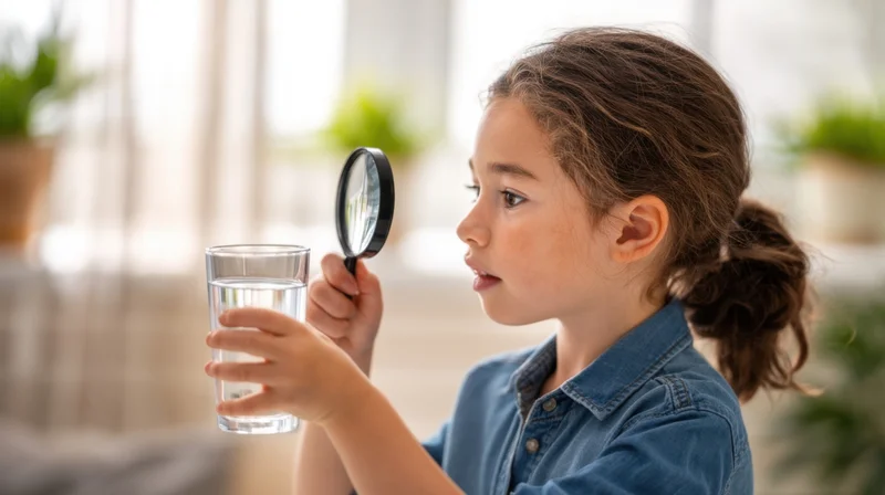 Young girl examining water in a glass with a magnifying glass at home