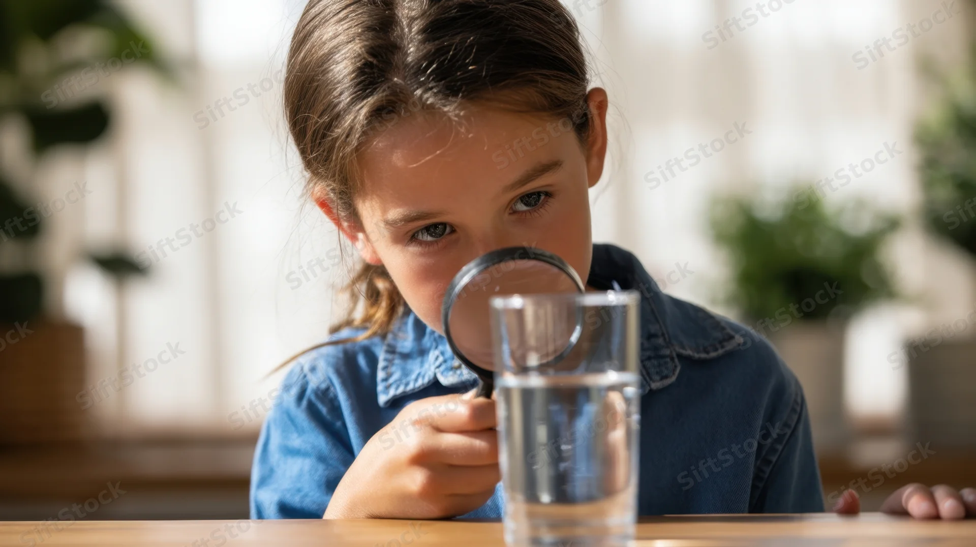 Young girl examining water in a glass with a magnifying glass at a wooden table indoors