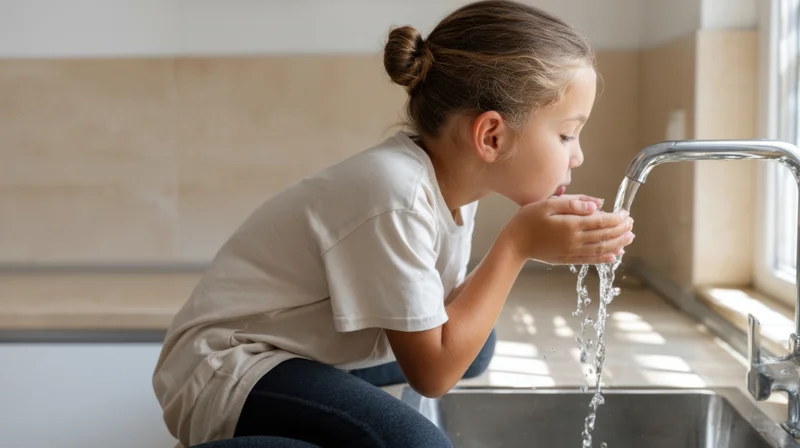 Young girl crouching at kitchen sink drinking water from faucet