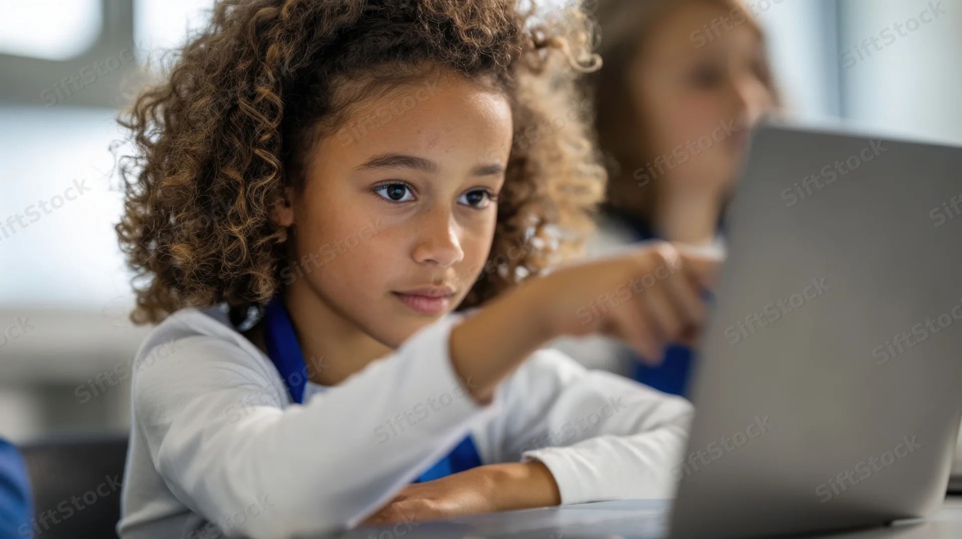Young girl concentrating on laptop in classroom setting