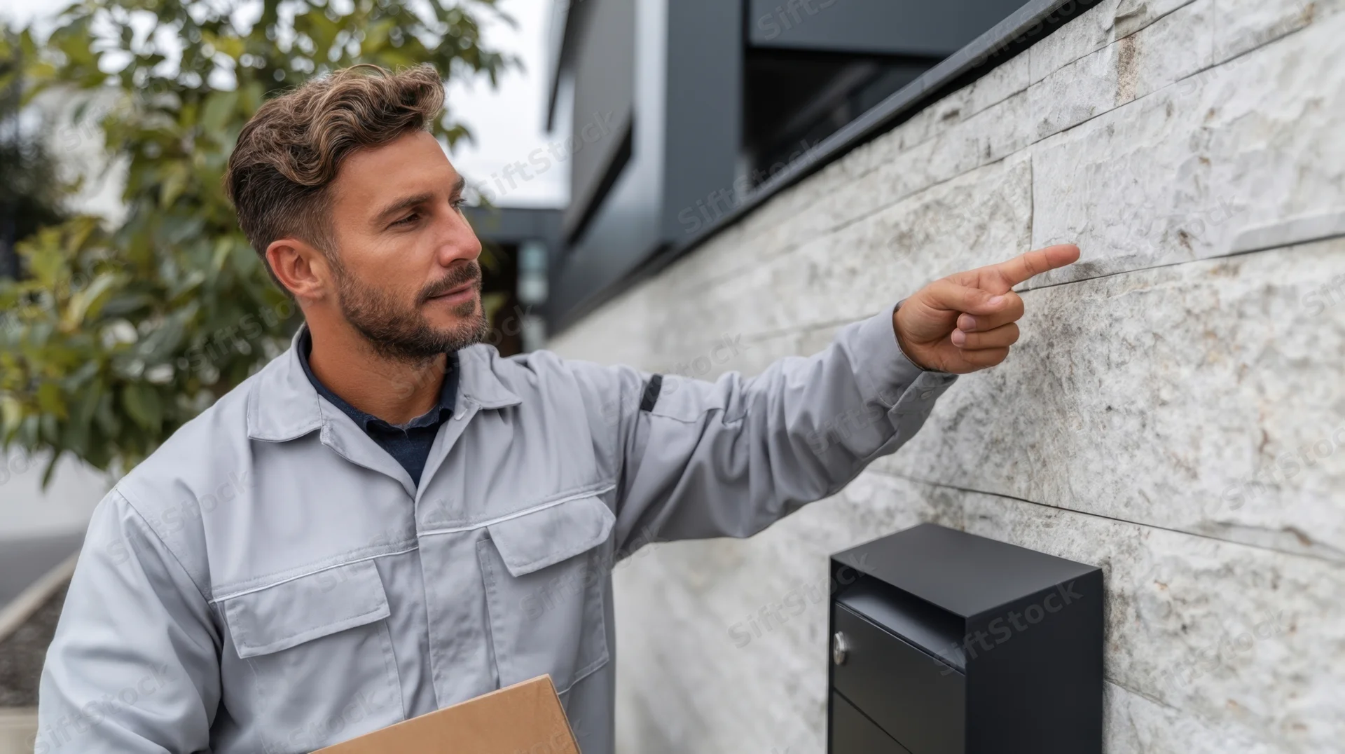 Delivery worker pointing at a mailbox on a stone wall while holding a package outside a modern house