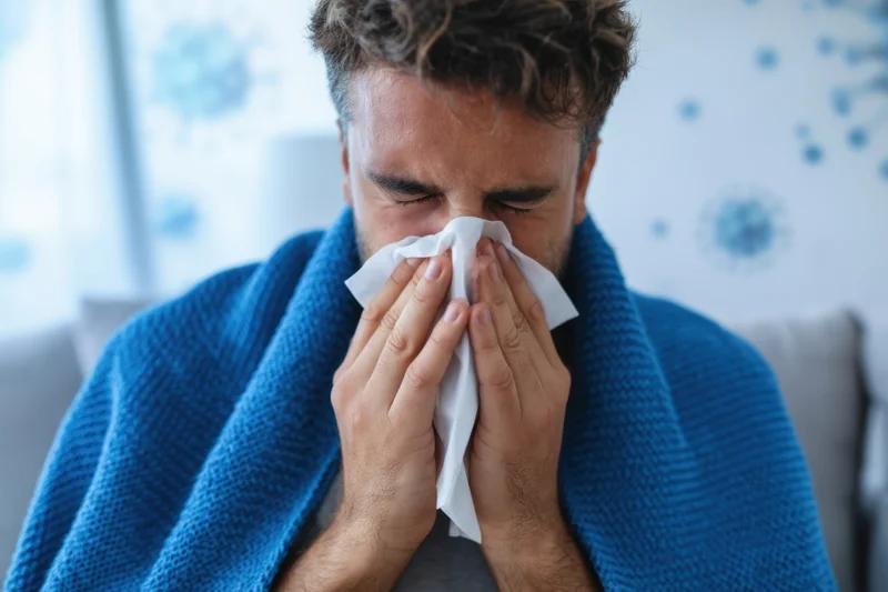 Young man sneezing into tissue while wrapped in blue blanket on couch