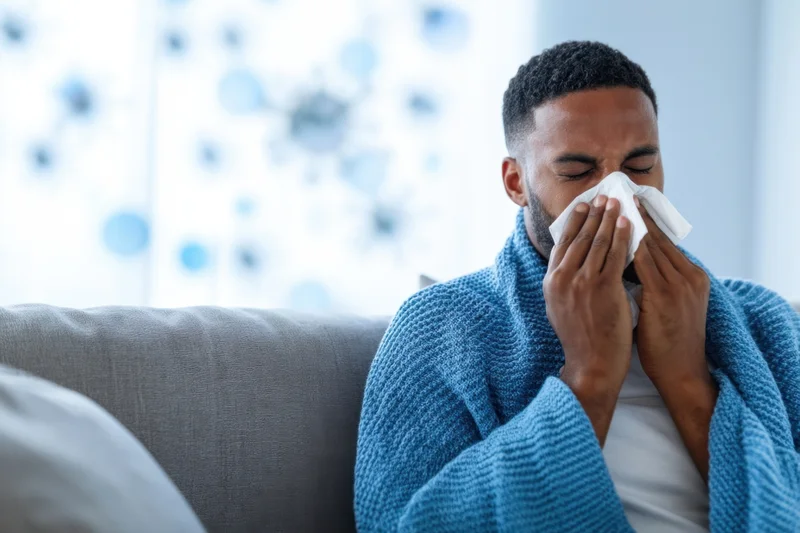 Young man sneezing into tissue while wrapped in blue robe on sofa