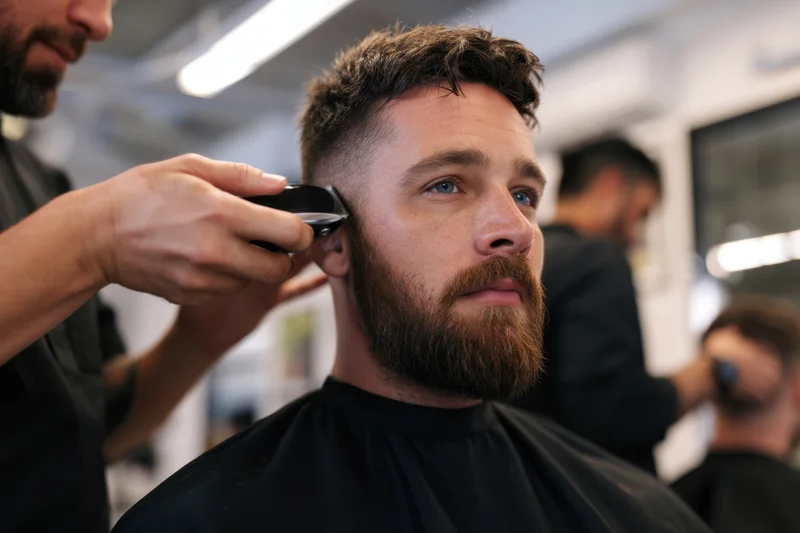 Man receiving haircut with electric trimmer in barbershop