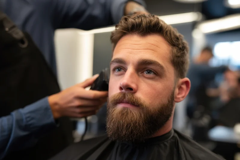 Man receiving haircut with electric clippers in a modern barbershop