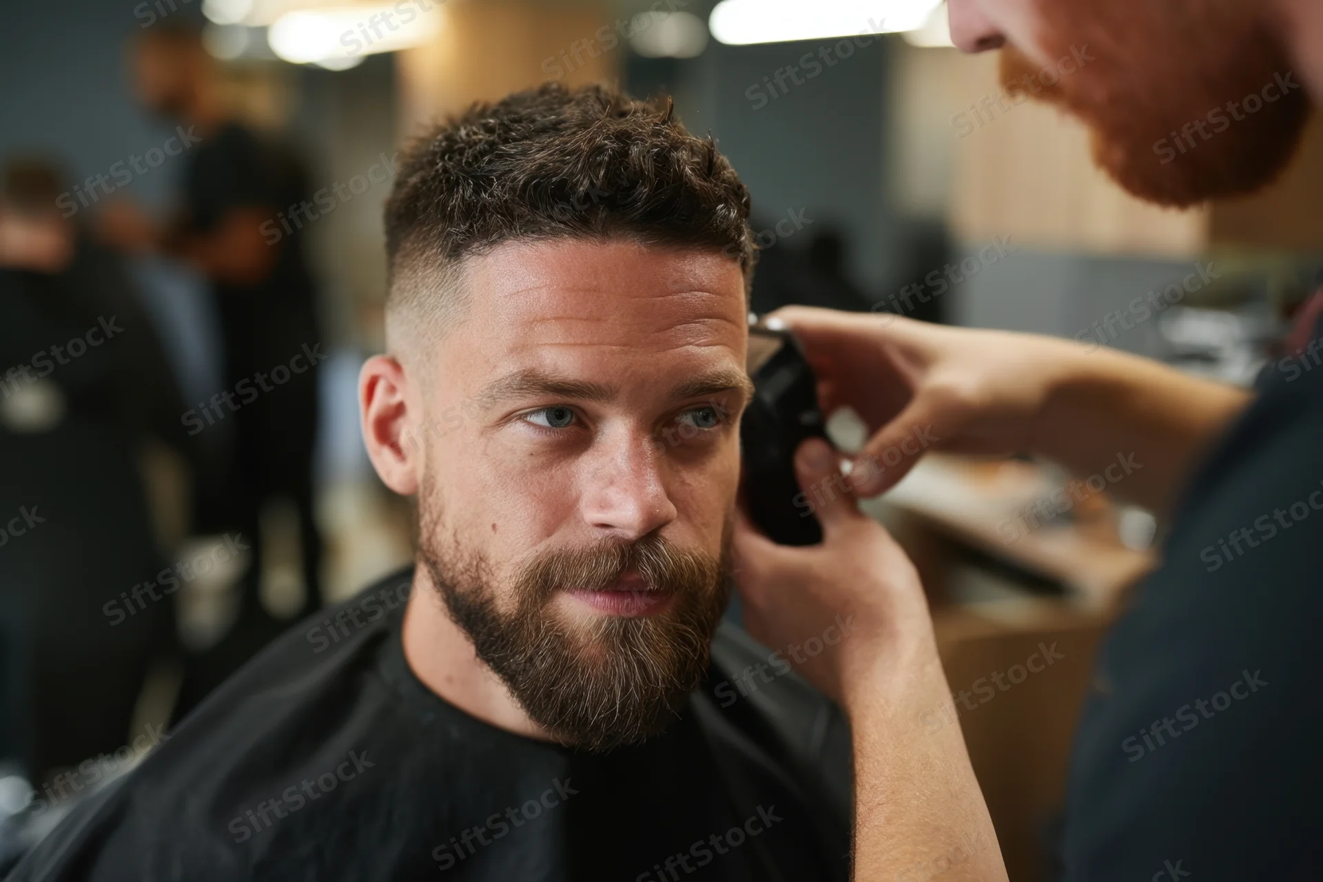 Man receiving haircut with electric clippers in barbershop