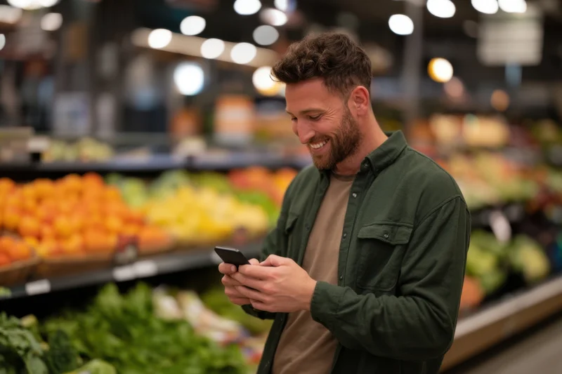 Young man smiling while using smartphone in grocery store produce aisle